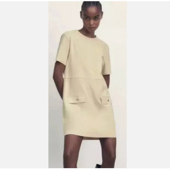 ZARA | Beige Faux Suede Mini Shirt Dress, Size L - Picture 3 of 12